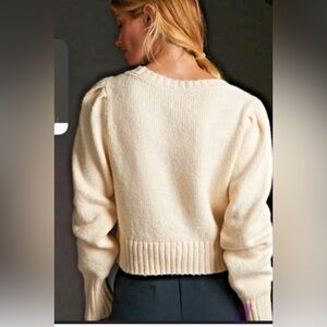 ANTHROPLOGIE Maeve Puff Sleeve Twee Textured Cream Cropped Crewneck‎ Pullover L